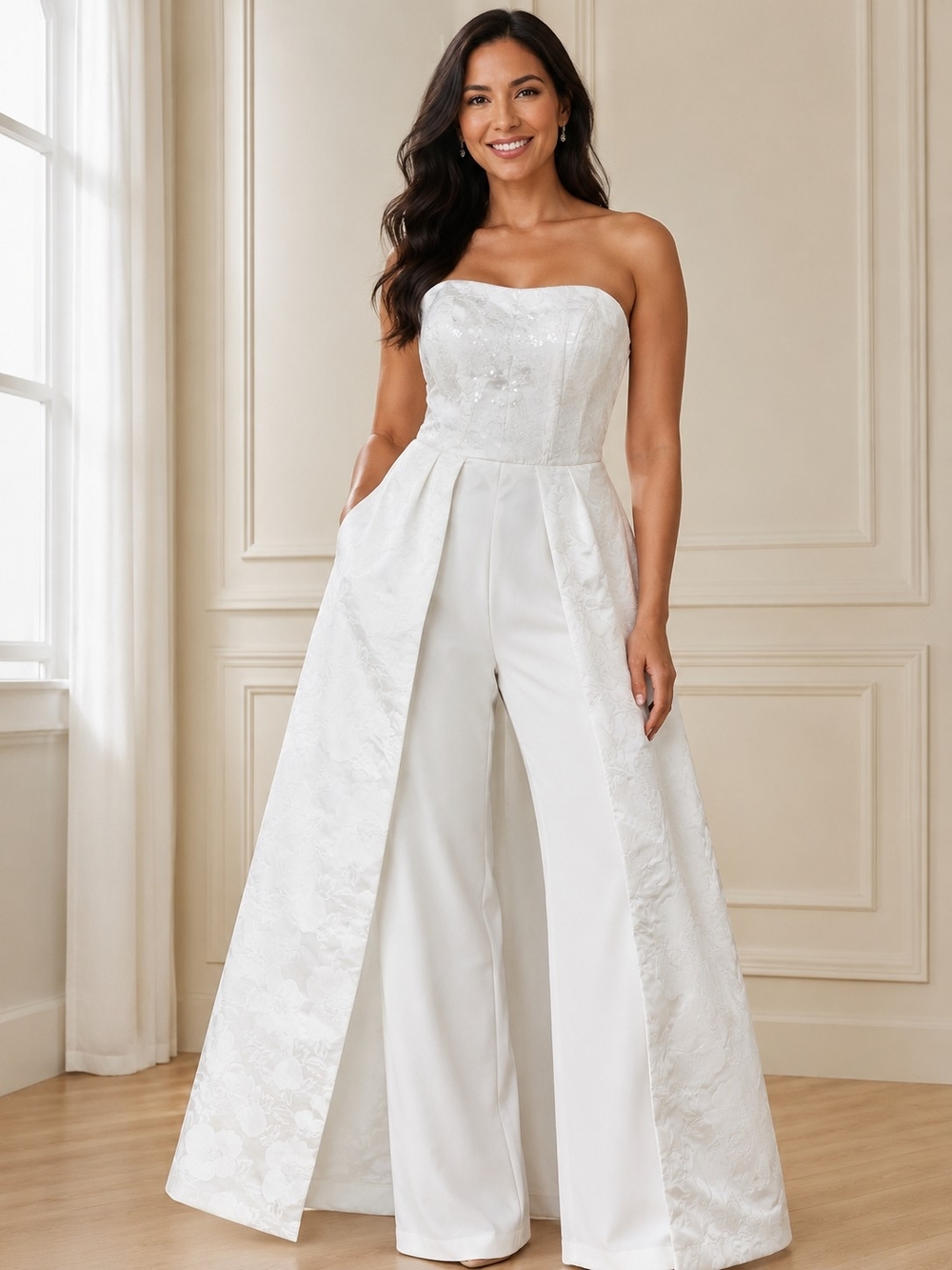 VENUS White Strapless Bridal Jumpsuit with Floral Overskirt Size 14 NWT